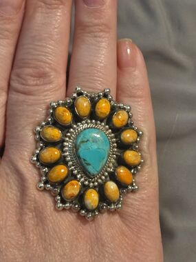 Sterling Silver Turquoise & Yellow Stone Sunburst Statement Ring - Women Jewelry
